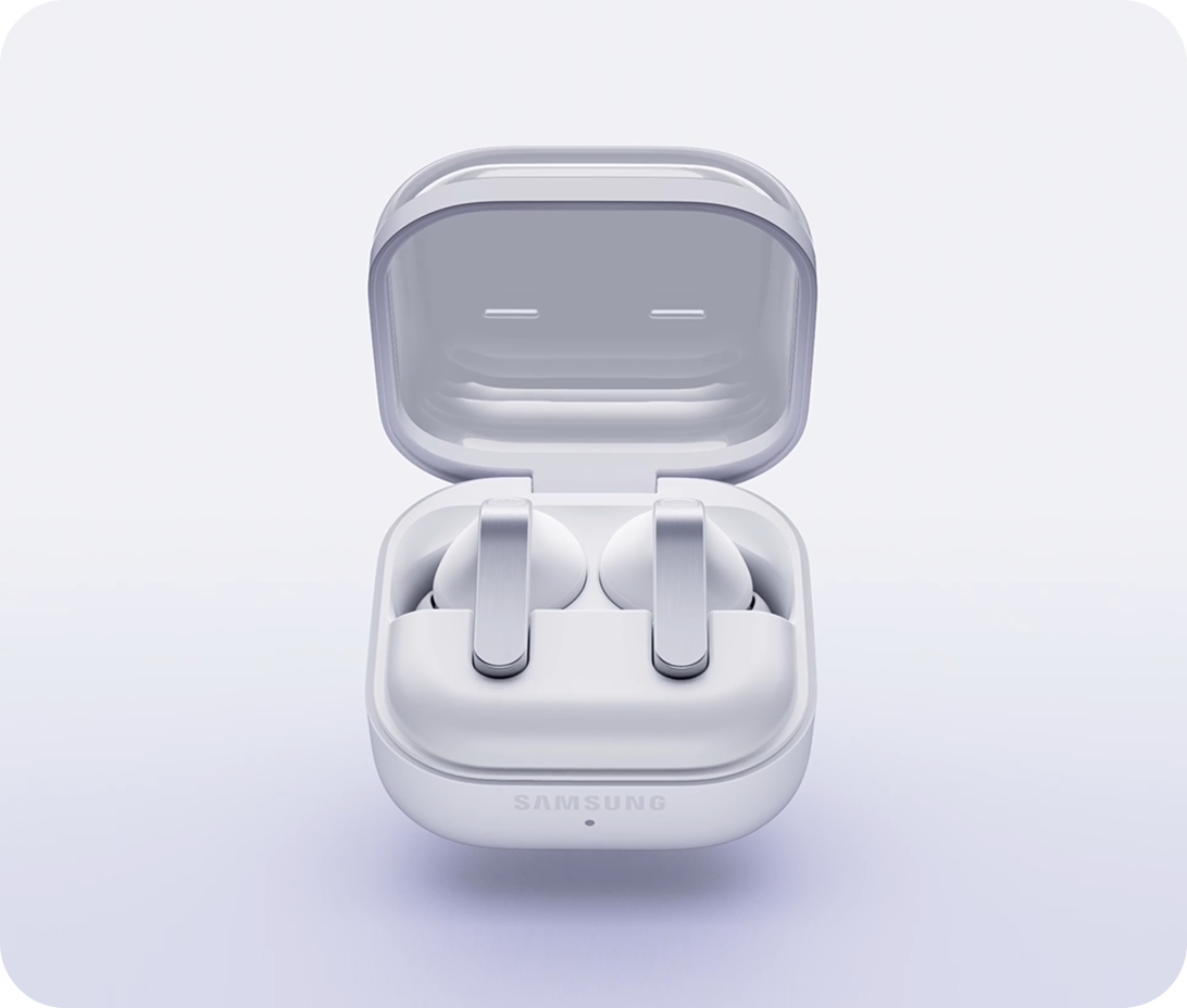 A view ear buds in pods in a white background