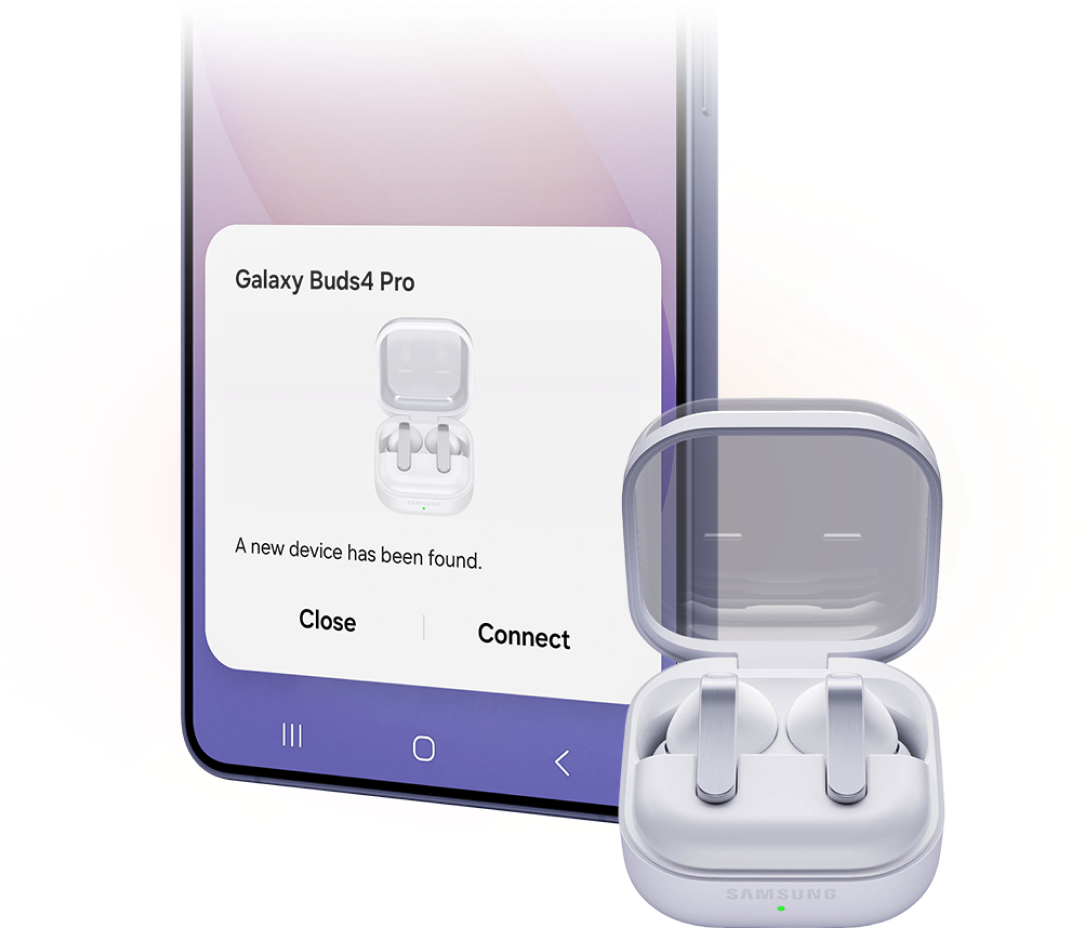 AN image showing earbuds in a pod connected to a phone