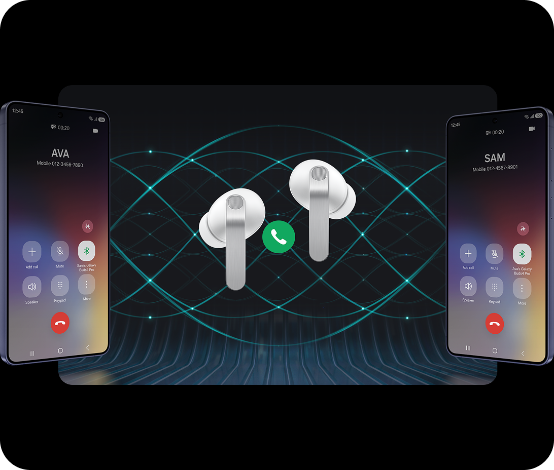 A view buds and phones with sound waves